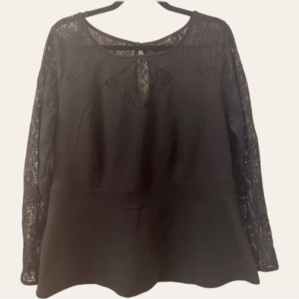 ADDITION ELLE - Black Long Sleeve Lace Peplum Blouse with Keyhole Neckline